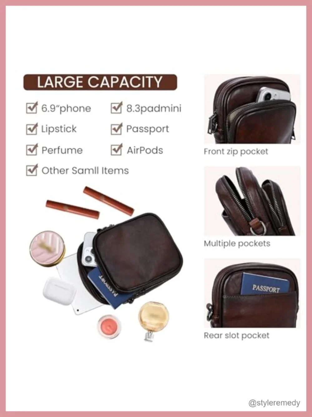 Genuine Leather RFID Crossbody Bag for Women Anti-Theft 2 Straps Adjustable